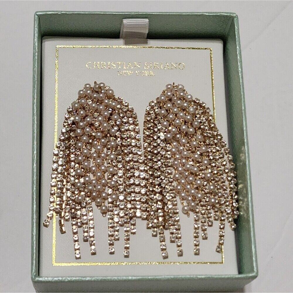 Christian Siriano gold tone faux pearl statement waterfall drop earrings new!!